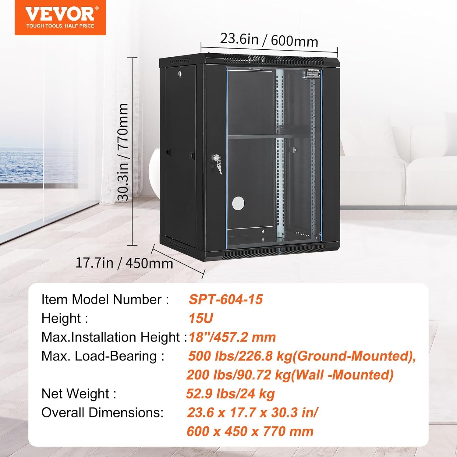 image:imageVEVOR 15U Wall Mount Network Server Cabinet 148 Deep Server Rack Cabinet Enclosure 500 lbs Max GroundMounted Load Capacity with Locking Glass Door Side Panels for IT Equipment AV Devices15UGlass Door
