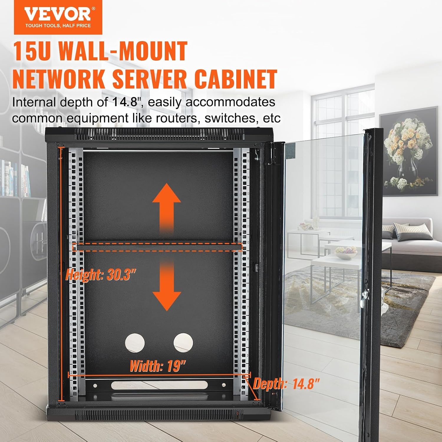 image:imageVEVOR 15U Wall Mount Network Server Cabinet 148 Deep Server Rack Cabinet Enclosure 500 lbs Max GroundMounted Load Capacity with Locking Glass Door Side Panels for IT Equipment AV Devices15UGlass Door