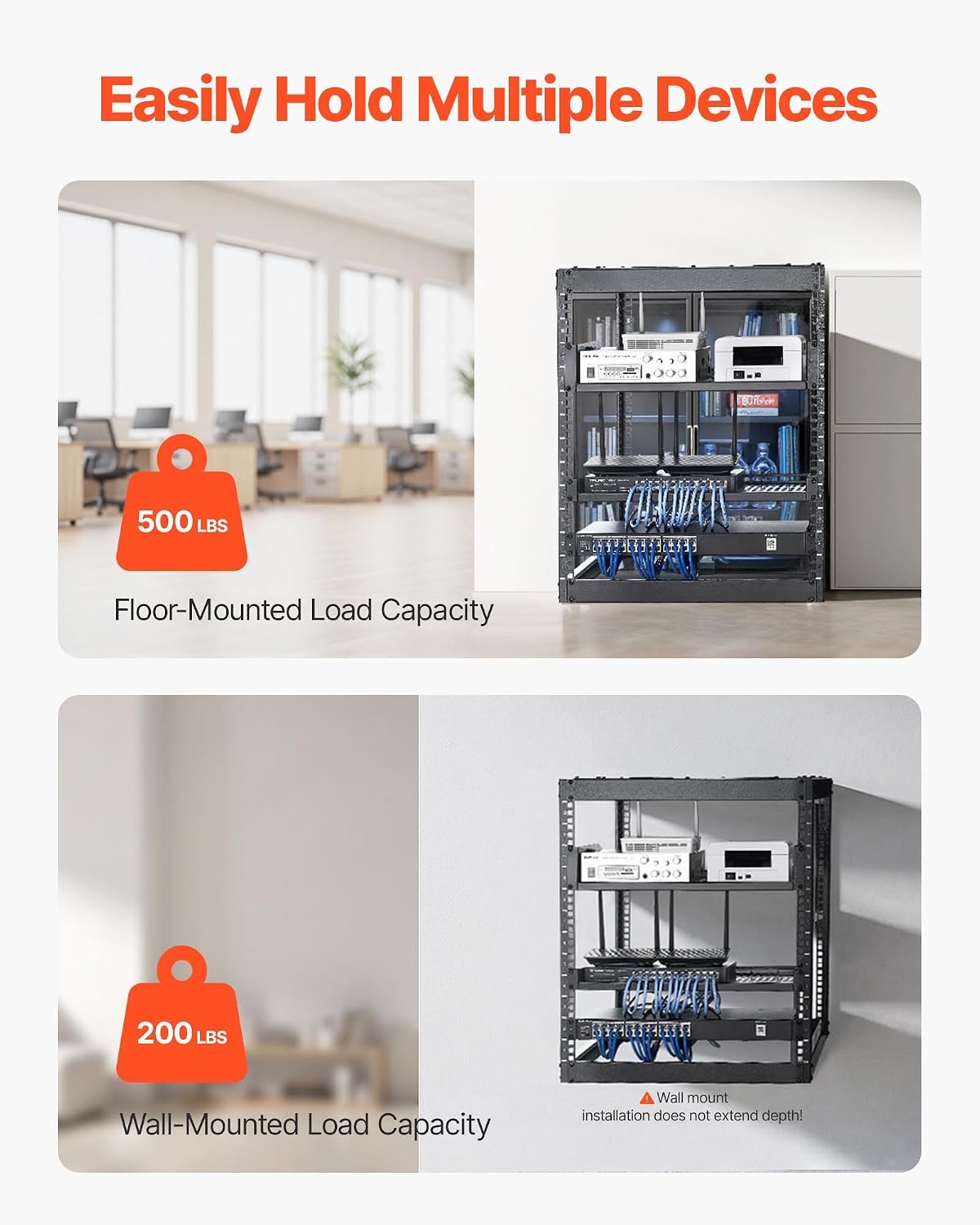 image:imageVEVOR 16U Open Frame Server Rack amp Network Rack Wall Mounted or Floor Standing Heavy Duty 4 Post with 2PCS Vented 1U Shelves amp Mounting Hardware Holds All 19 Networking IT Equipment AV Gear12U Server Rack