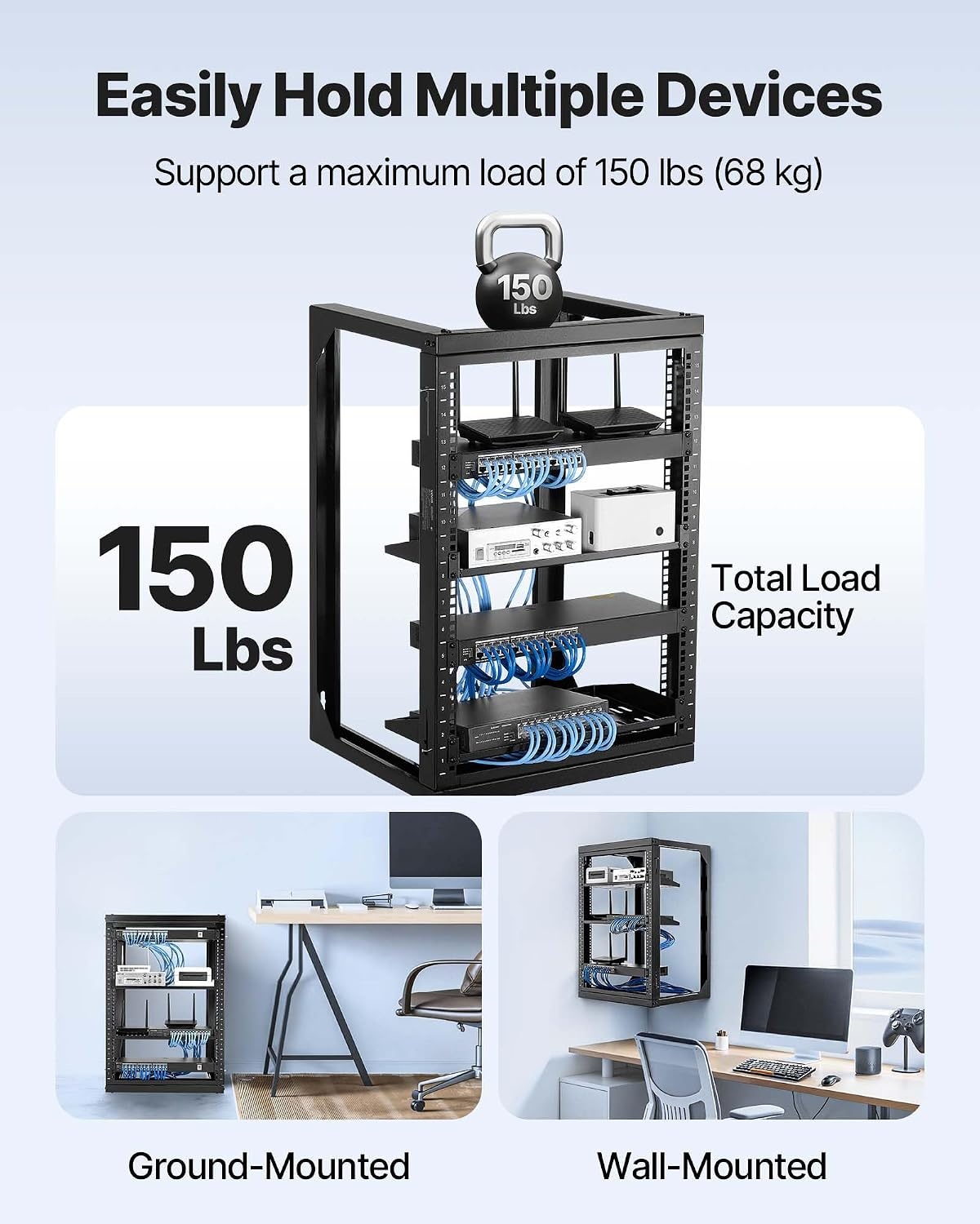 image:imageVEVOR 16U Open Frame Server Rack amp Network Rack Wall Mounted or Floor Standing Heavy Duty 4 Post with 2PCS Vented 1U Shelves amp Mounting Hardware Holds All 19 Networking IT Equipment AV Gear15U Wall Rack