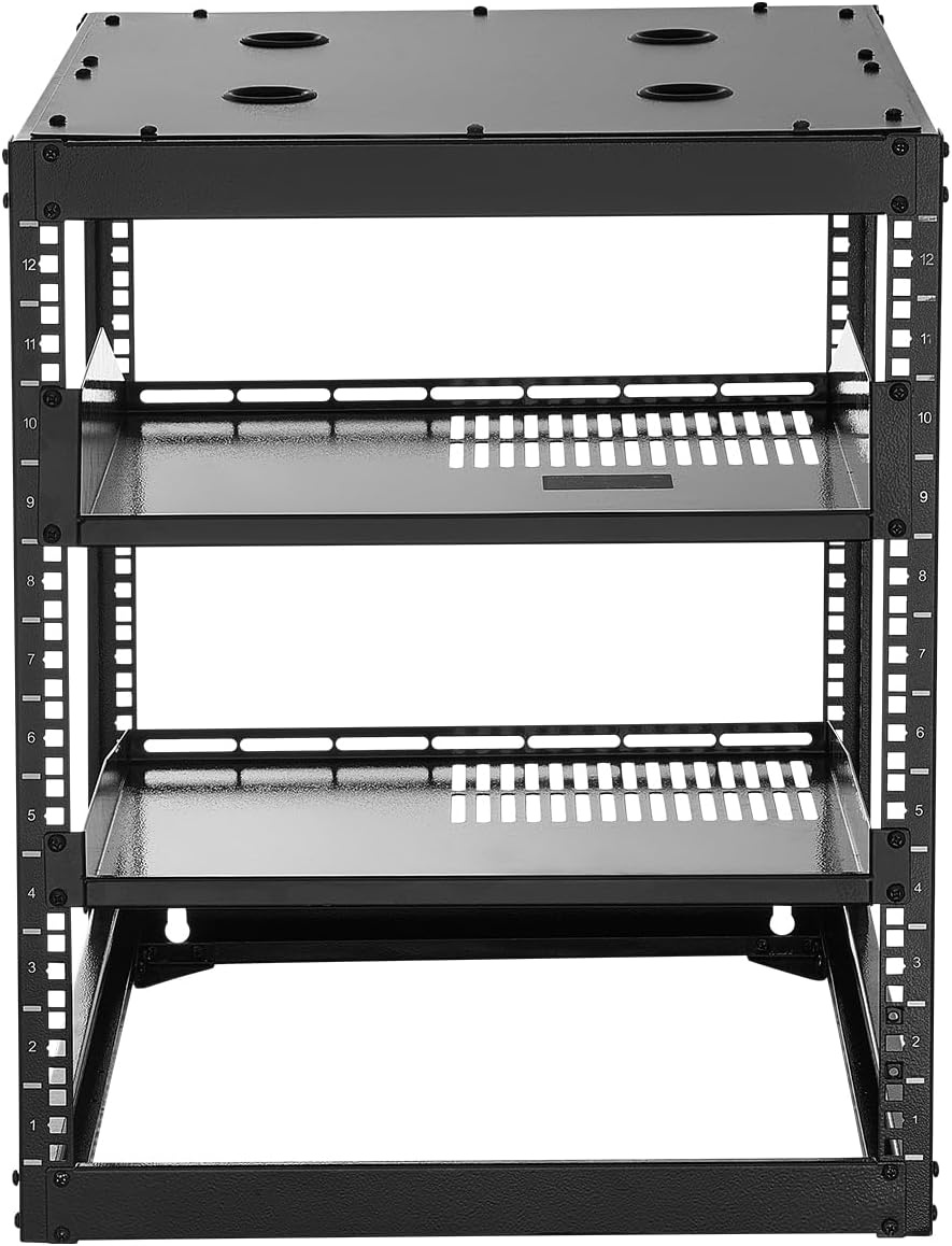 image:imageVEVOR 16U Open Frame Server Rack amp Network Rack Wall Mounted or Floor Standing Heavy Duty 4 Post with 2PCS Vented 1U Shelves amp Mounting Hardware Holds All 19 Networking IT Equipment AV Gear12U Server Rack
