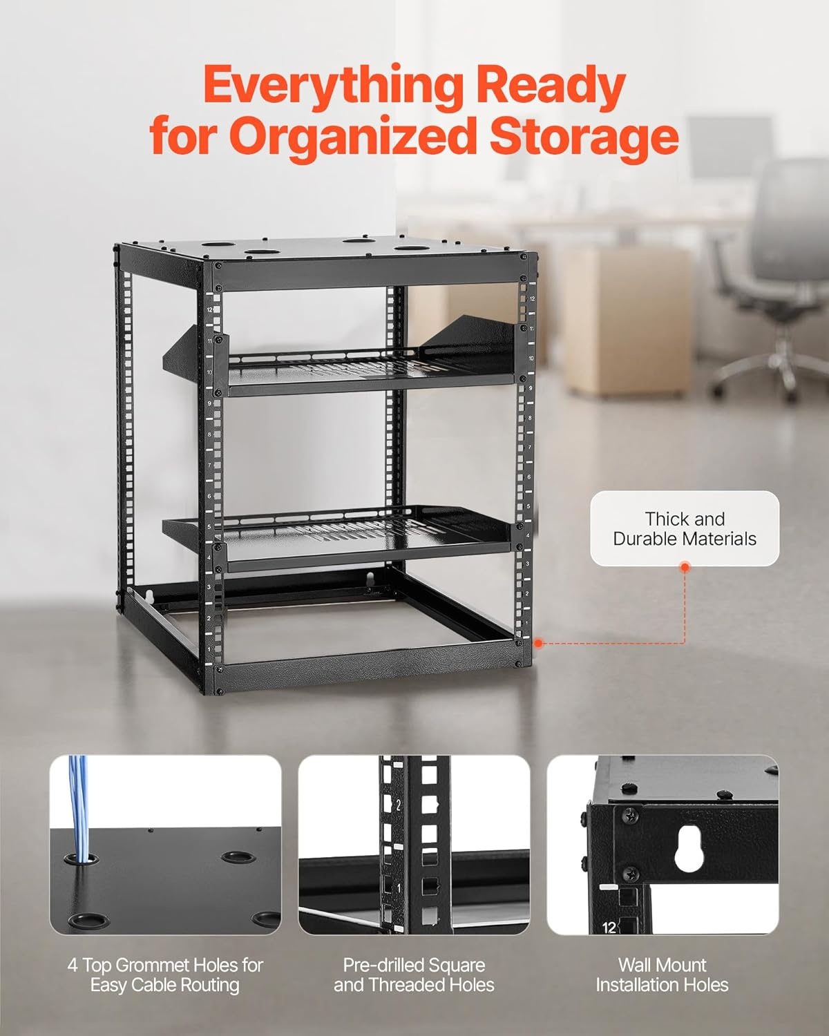 image:imageVEVOR 16U Open Frame Server Rack amp Network Rack Wall Mounted or Floor Standing Heavy Duty 4 Post with 2PCS Vented 1U Shelves amp Mounting Hardware Holds All 19 Networking IT Equipment AV Gear12U Server Rack