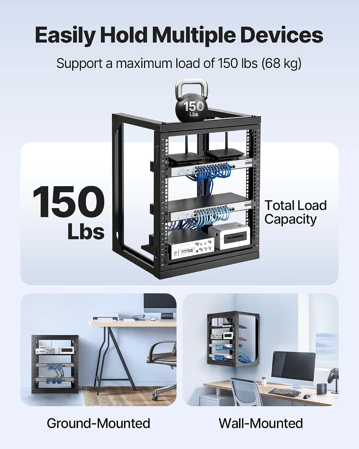 image:imageVEVOR 16U Open Frame Server Rack amp Network Rack Wall Mounted or Floor Standing Heavy Duty 4 Post with 2PCS Vented 1U Shelves amp Mounting Hardware Holds All 19 Networking IT Equipment AV Gear12U Wall Rack