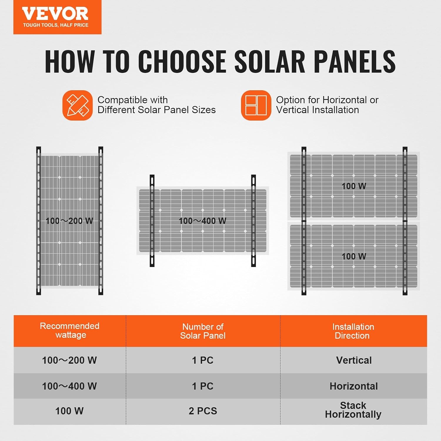 image:imageVEVOR 2 Sets Solar Panel Mounting Brackets 45Inch 0 to 90 Adjustable Tilt Mounts Support 100400W Solar Panels Lightweight Aluminum Brackets with Folding Tilt Legs for RV Boat OffGridSilverGray