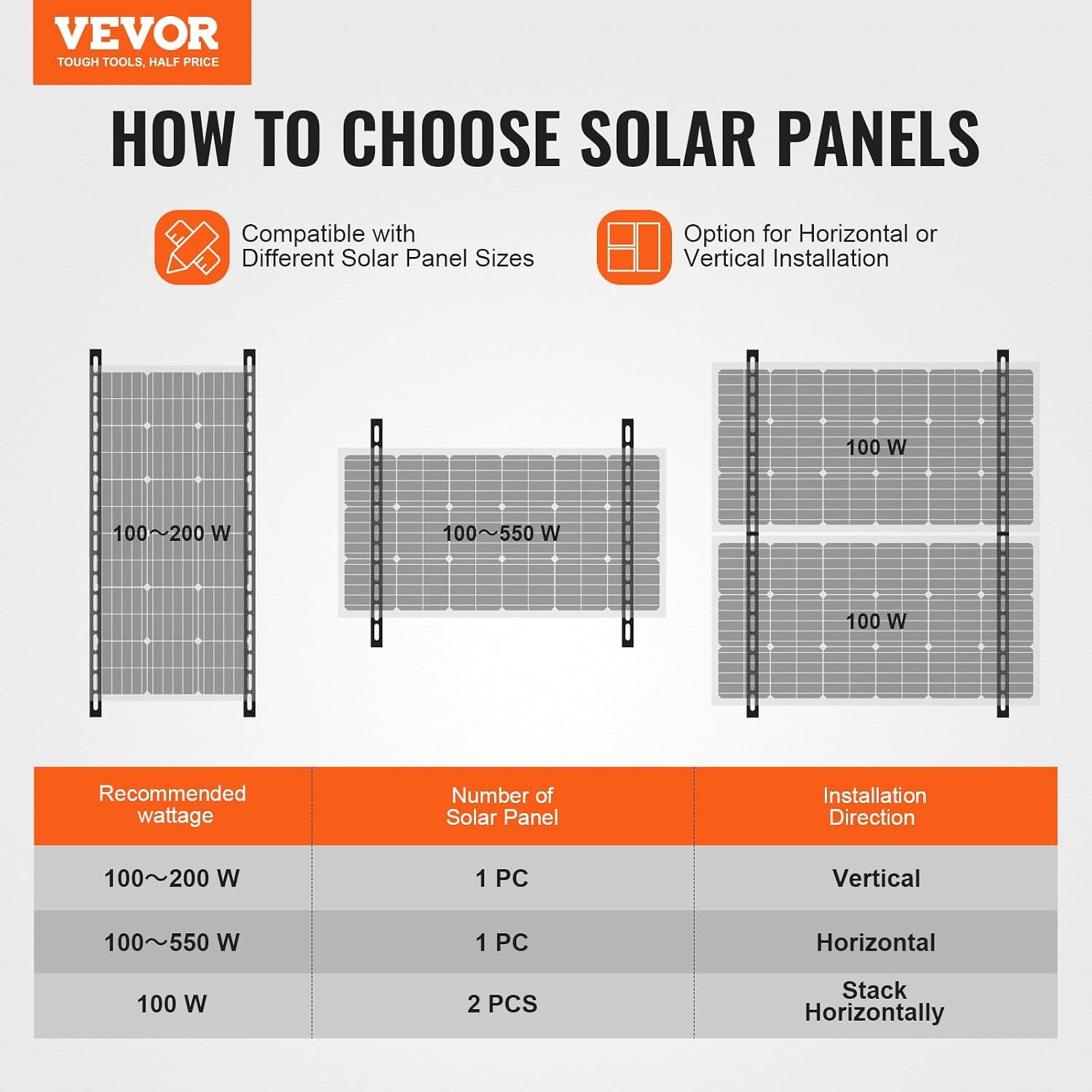 image:imageVEVOR 2 Sets Solar Panel Mounting Brackets 45Inch 0 to 90 Adjustable Tilt Mounts Support 100400W Solar Panels Lightweight Aluminum Brackets with Folding Tilt Legs for RV Boat OffGridSilverGray