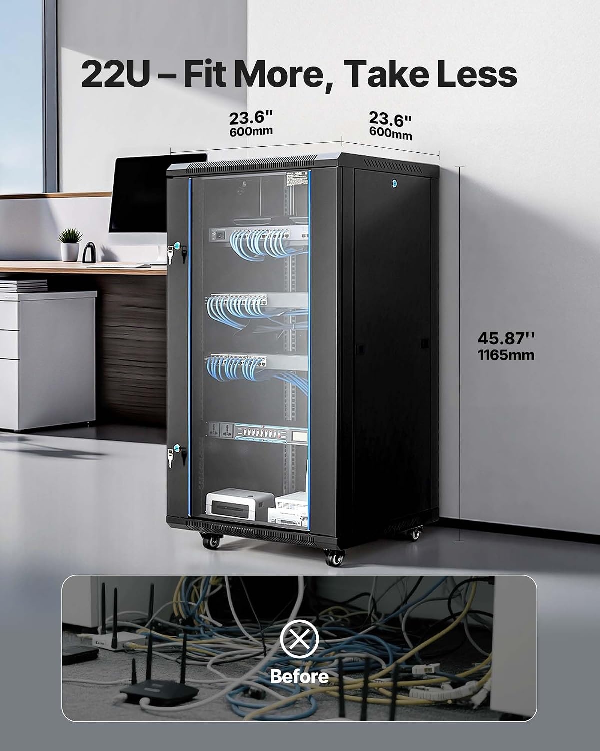image:imageVEVOR 22U Server Rack Cabinet Network Cabinet Wall Mount 236 in Depth Network Rack Enclosure with Locking Tempered Glass Door 4 Casters Side Panels for 19 IT Equipment AV Devices22U