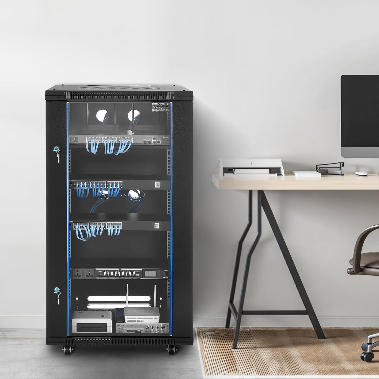 image:imageVEVOR 22U Server Rack Cabinet Network Cabinet Wall Mount 236 in Depth Network Rack Enclosure with Locking Tempered Glass Door 4 Casters Side Panels for 19 IT Equipment AV Devices22U
