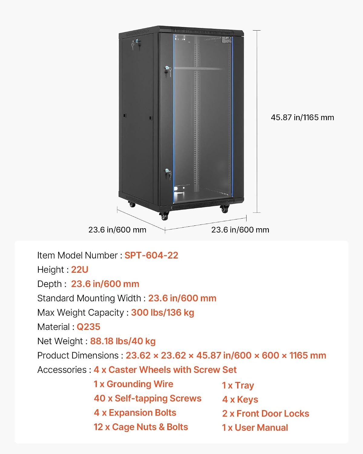 image:imageVEVOR 22U Server Rack Cabinet Network Cabinet Wall Mount 236 in Depth Network Rack Enclosure with Locking Tempered Glass Door 4 Casters Side Panels for 19 IT Equipment AV Devices22U