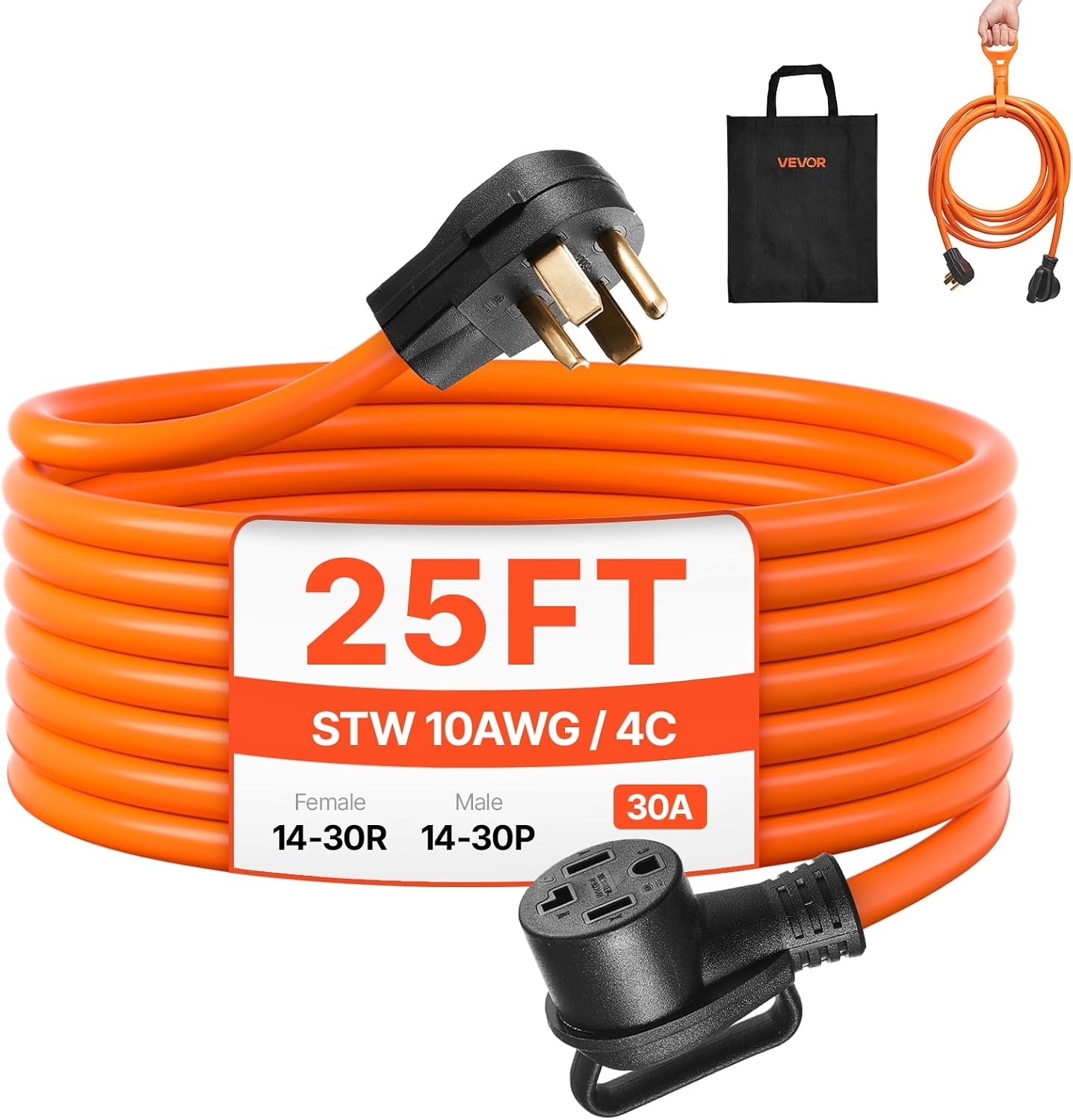 image:imageVEVOR 25 ft Dryer Extension Cord 4Prong NEMA 1430P to 1430R Dryer Cord 125V250V STW 10AWG4C 30A Pure Copper Wire Cable with Black NonWoven Bag and PVC Cable Tie for Outdoor amp Indoor UseOrange