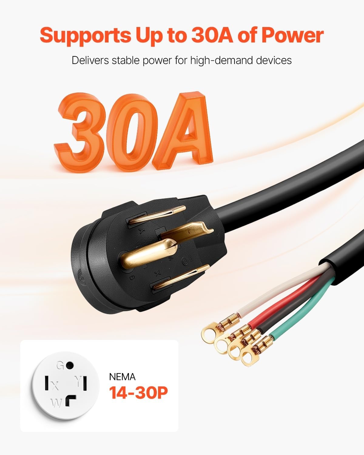 image:imageVEVOR 25 ft Dryer Extension Cord 4Prong NEMA 1430P to 1430R Dryer Cord 125V250V STW 10AWG4C 30A Pure Copper Wire Cable with Black NonWoven Bag and PVC Cable Tie for Outdoor amp Indoor UseBlack