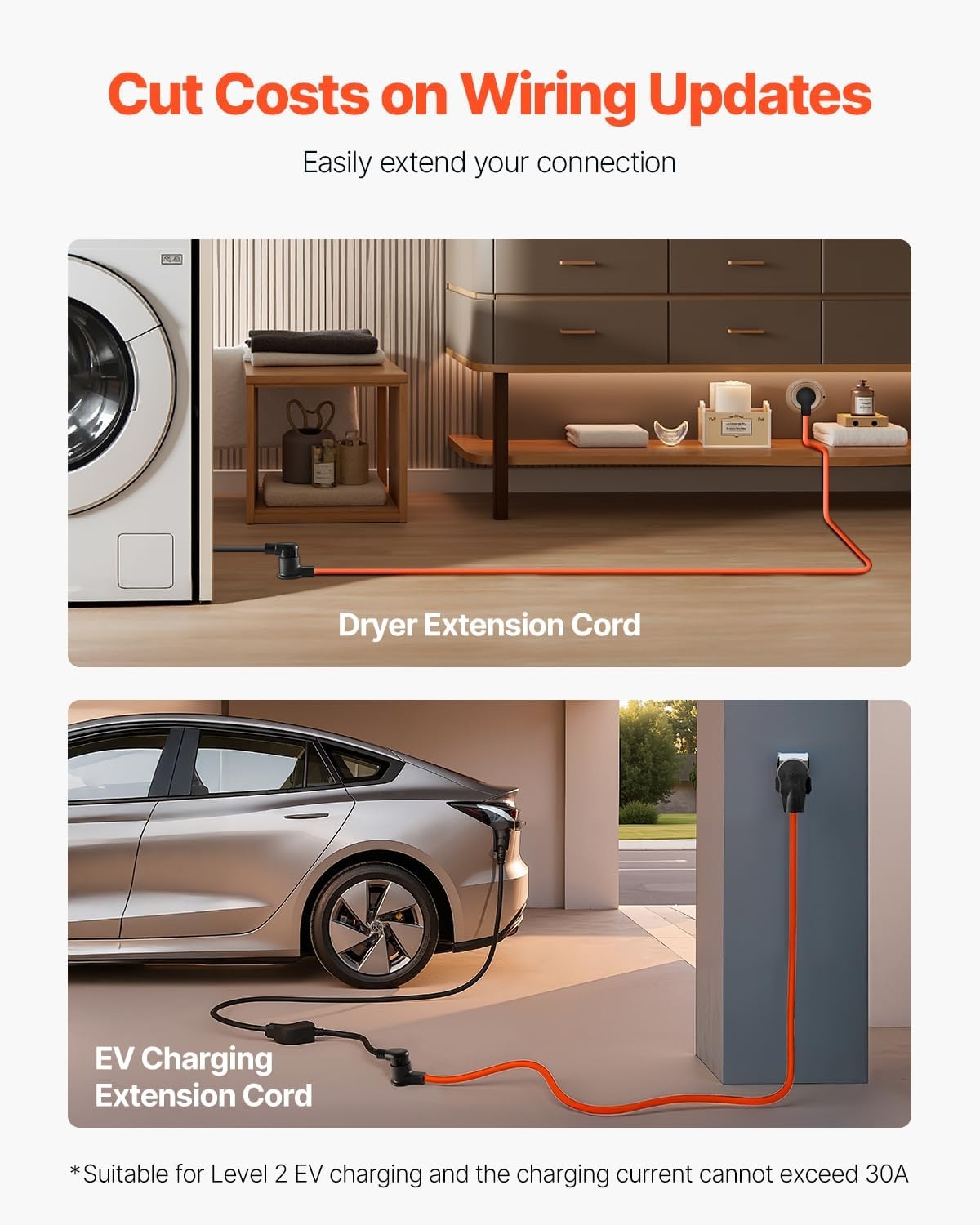 image:imageVEVOR 25 ft Dryer Extension Cord 4Prong NEMA 1430P to 1430R Dryer Cord 125V250V STW 10AWG4C 30A Pure Copper Wire Cable with Black NonWoven Bag and PVC Cable Tie for Outdoor amp Indoor UseOrange