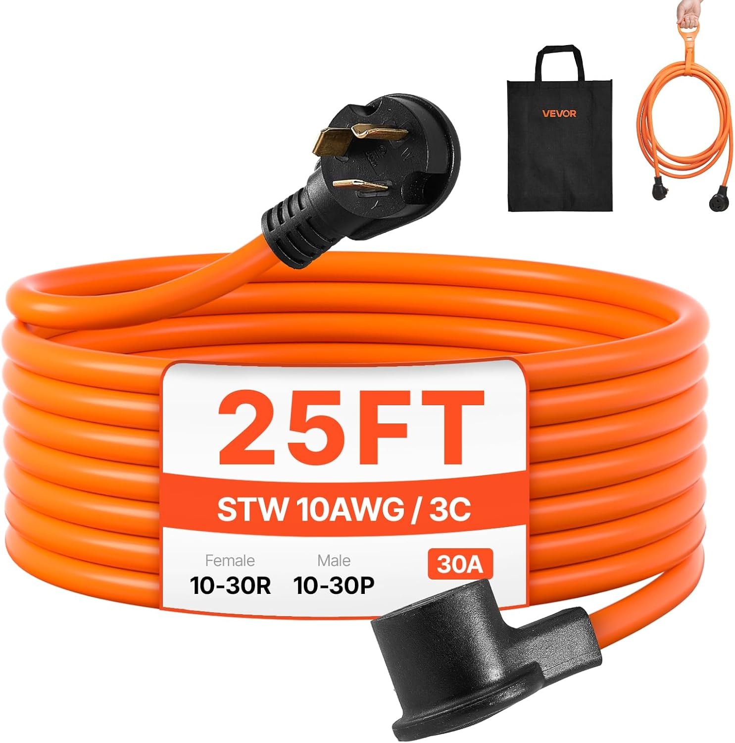 image:imageVEVOR 25 ft Dryer Extension Cord 4Prong NEMA 1430P to 1430R Dryer Cord 125V250V STW 10AWG4C 30A Pure Copper Wire Cable with Black NonWoven Bag and PVC Cable Tie for Outdoor amp Indoor UseOrange