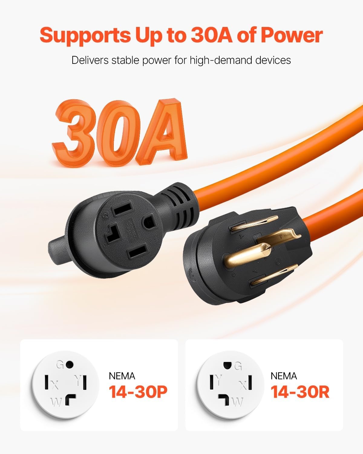 image:imageVEVOR 25 ft Dryer Extension Cord 4Prong NEMA 1430P to 1430R Dryer Cord 125V250V STW 10AWG4C 30A Pure Copper Wire Cable with Black NonWoven Bag and PVC Cable Tie for Outdoor amp Indoor UseOrange