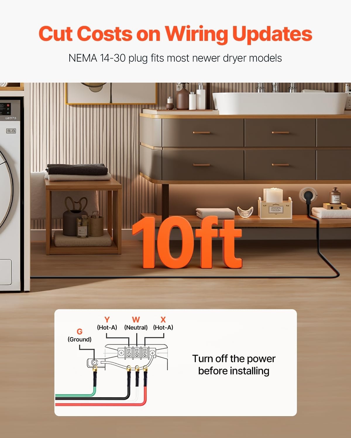 image:imageVEVOR 25 ft Dryer Extension Cord 4Prong NEMA 1430P to 1430R Dryer Cord 125V250V STW 10AWG4C 30A Pure Copper Wire Cable with Black NonWoven Bag and PVC Cable Tie for Outdoor amp Indoor UseBlack
