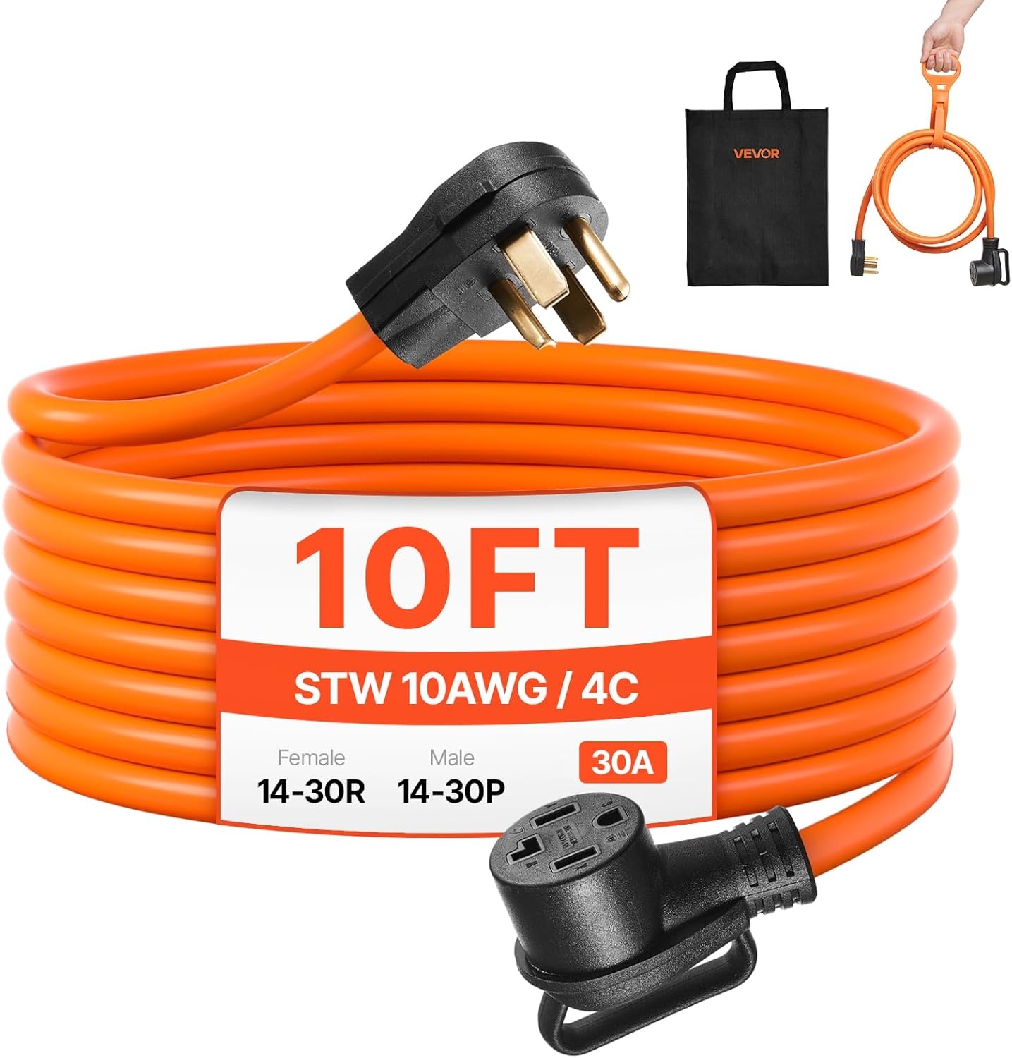 image:imageVEVOR 25 ft Dryer Extension Cord 4Prong NEMA 1430P to 1430R Dryer Cord 125V250V STW 10AWG4C 30A Pure Copper Wire Cable with Black NonWoven Bag and PVC Cable Tie for Outdoor amp Indoor UseOrange