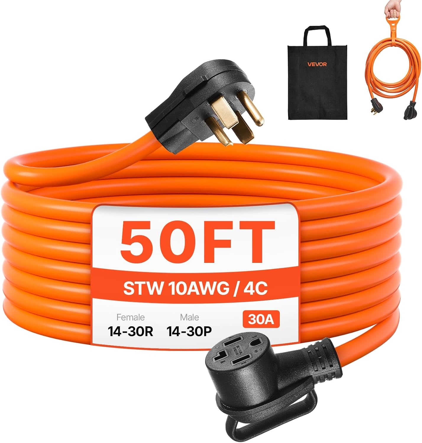 image:imageVEVOR 25 ft Dryer Extension Cord 4Prong NEMA 1430P to 1430R Dryer Cord 125V250V STW 10AWG4C 30A Pure Copper Wire Cable with Black NonWoven Bag and PVC Cable Tie for Outdoor amp Indoor UseOrange