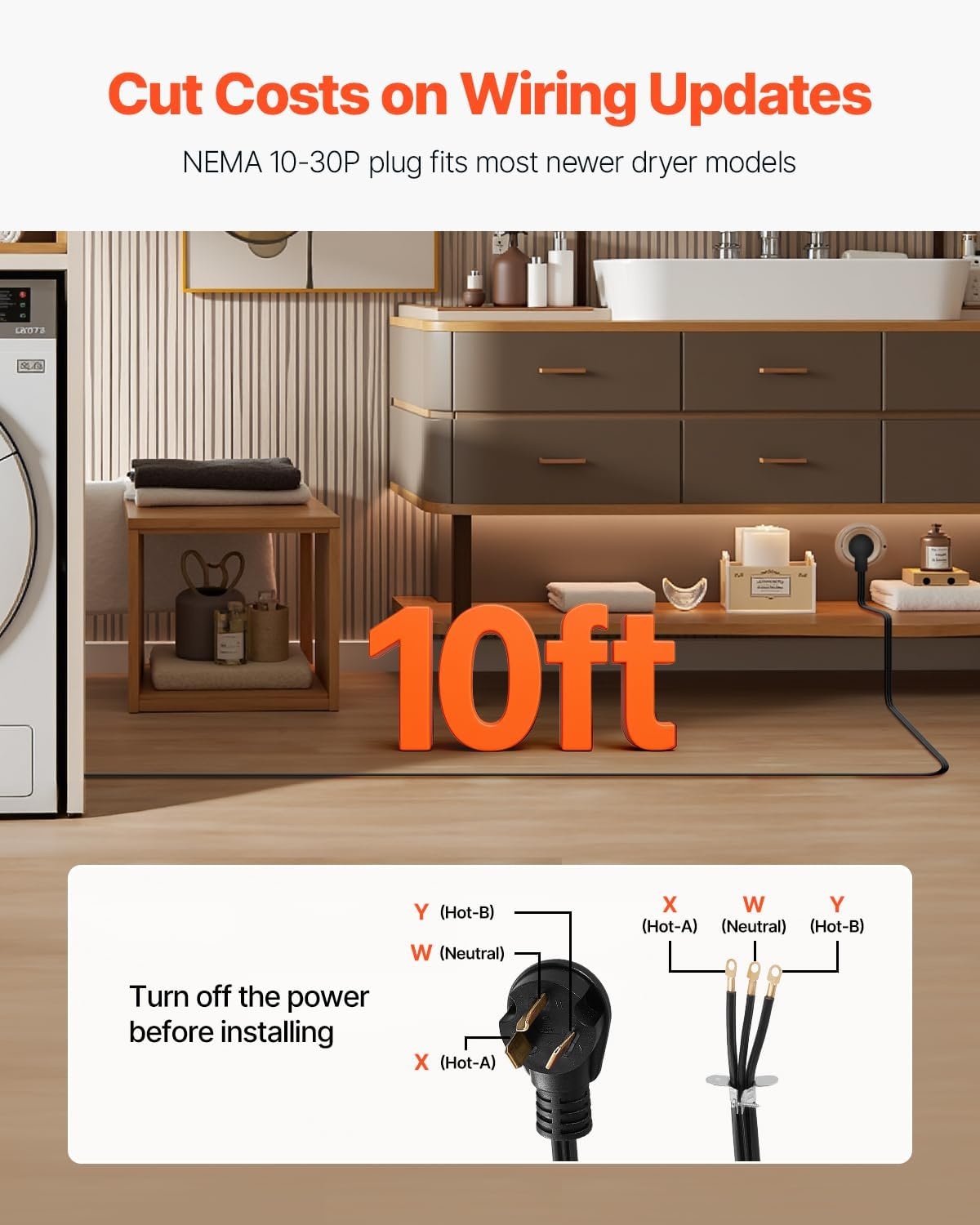 image:imageVEVOR 25 ft Dryer Extension Cord 4Prong NEMA 1430P to 1430R Dryer Cord 125V250V STW 10AWG4C 30A Pure Copper Wire Cable with Black NonWoven Bag and PVC Cable Tie for Outdoor amp Indoor UseBlack