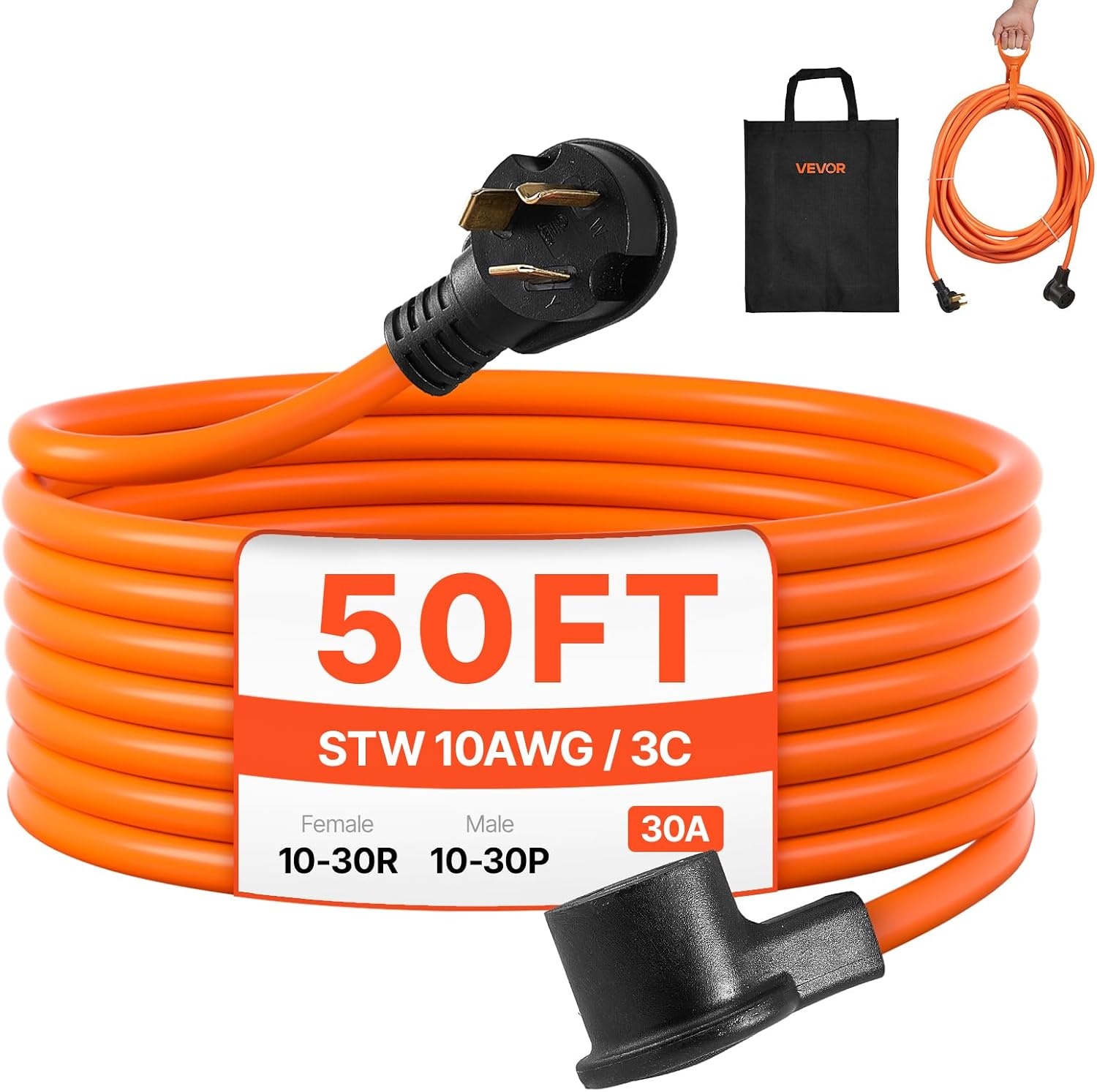 image:imageVEVOR 25 ft Dryer Extension Cord 4Prong NEMA 1430P to 1430R Dryer Cord 125V250V STW 10AWG4C 30A Pure Copper Wire Cable with Black NonWoven Bag and PVC Cable Tie for Outdoor amp Indoor UseOrange