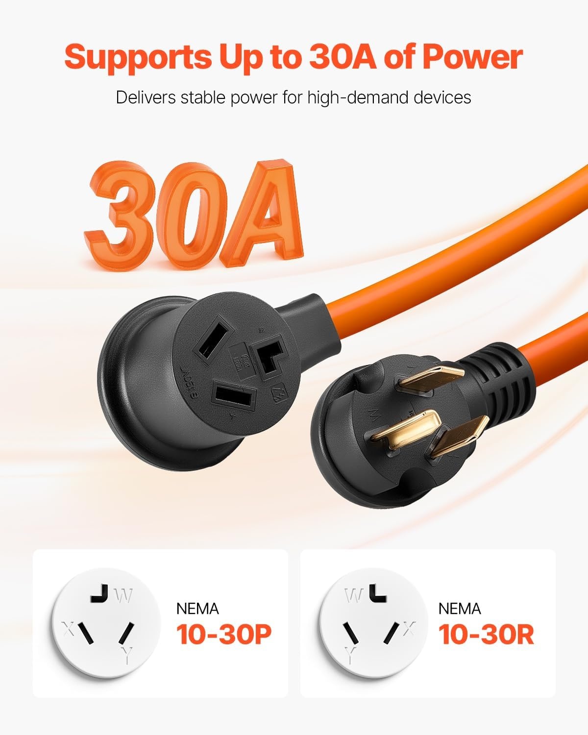 image:imageVEVOR 25 ft Dryer Extension Cord 4Prong NEMA 1430P to 1430R Dryer Cord 125V250V STW 10AWG4C 30A Pure Copper Wire Cable with Black NonWoven Bag and PVC Cable Tie for Outdoor amp Indoor UseOrange