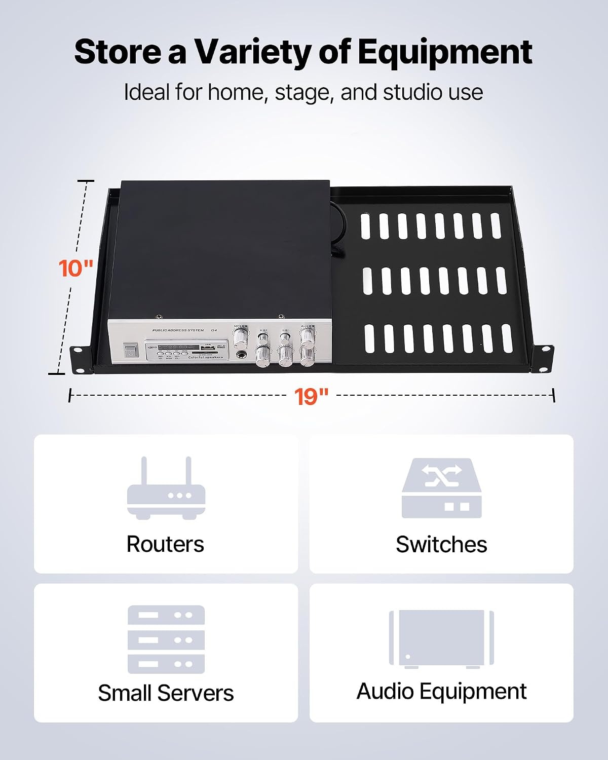 image:imageVEVOR 2PCS 1U Server Rack Shelf Universal Vented Rack Mount Cantilever Tray for 19 inch Network Equipment Rack amp Cabinet 10 Deep Rack Mount Shelf Weight Capacity 50 lbs Wall Mount Rack Shelf1U4PCS