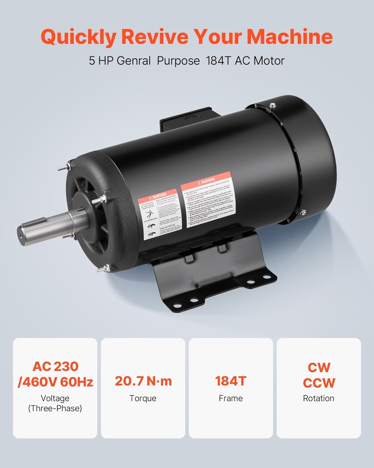 image:imageVEVOR 3 HP Electric Motor 1750RPM Air Compressor Motor CWCCW Rotation 1125 inch Shaft Diameter 275inch Shaft Length 12Nm Torque SinglePhase TEFC Cooling 230V 184T Frame1