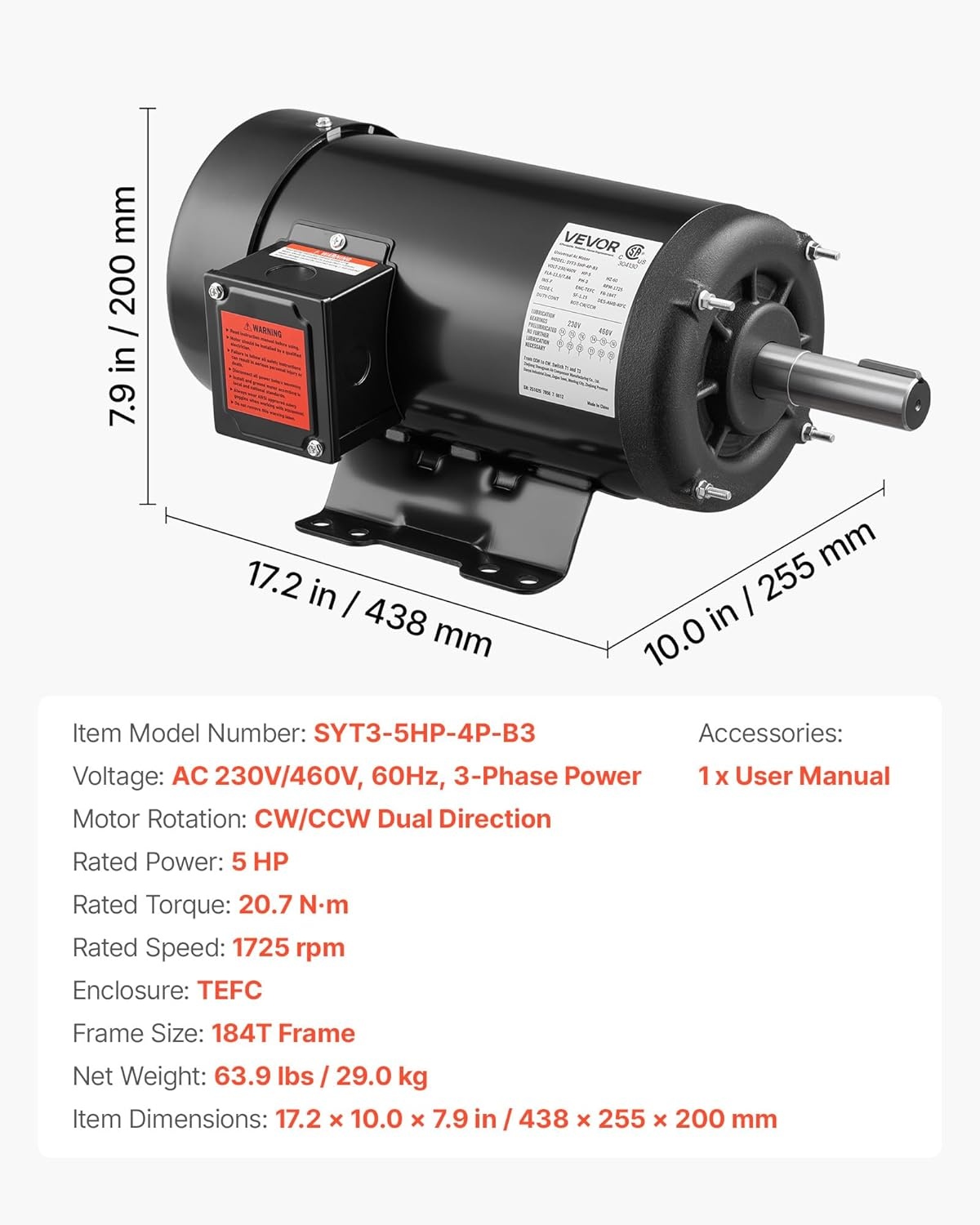 image:imageVEVOR 3 HP Electric Motor 1750RPM Air Compressor Motor CWCCW Rotation 1125 inch Shaft Diameter 275inch Shaft Length 12Nm Torque SinglePhase TEFC Cooling 230V 184T Frame1