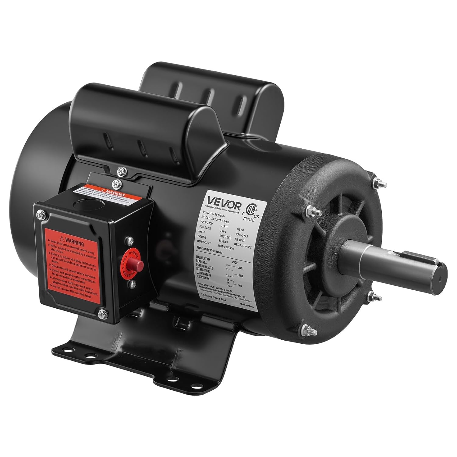 image:imageVEVOR 3 HP Electric Motor 1750RPM Air Compressor Motor CWCCW Rotation 1125 inch Shaft Diameter 275inch Shaft Length 12Nm Torque SinglePhase TEFC Cooling 230V 184T Frame1
