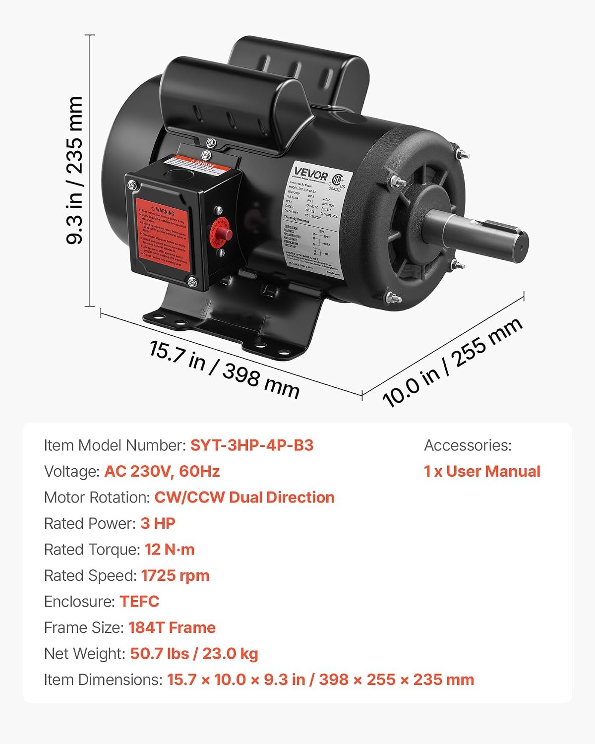 image:imageVEVOR 3 HP Electric Motor 1750RPM Air Compressor Motor CWCCW Rotation 1125 inch Shaft Diameter 275inch Shaft Length 12Nm Torque SinglePhase TEFC Cooling 230V 184T Frame1