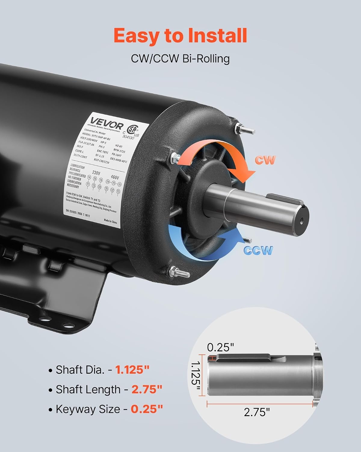 image:imageVEVOR 3 HP Electric Motor 1750RPM Air Compressor Motor CWCCW Rotation 1125 inch Shaft Diameter 275inch Shaft Length 12Nm Torque SinglePhase TEFC Cooling 230V 184T Frame1