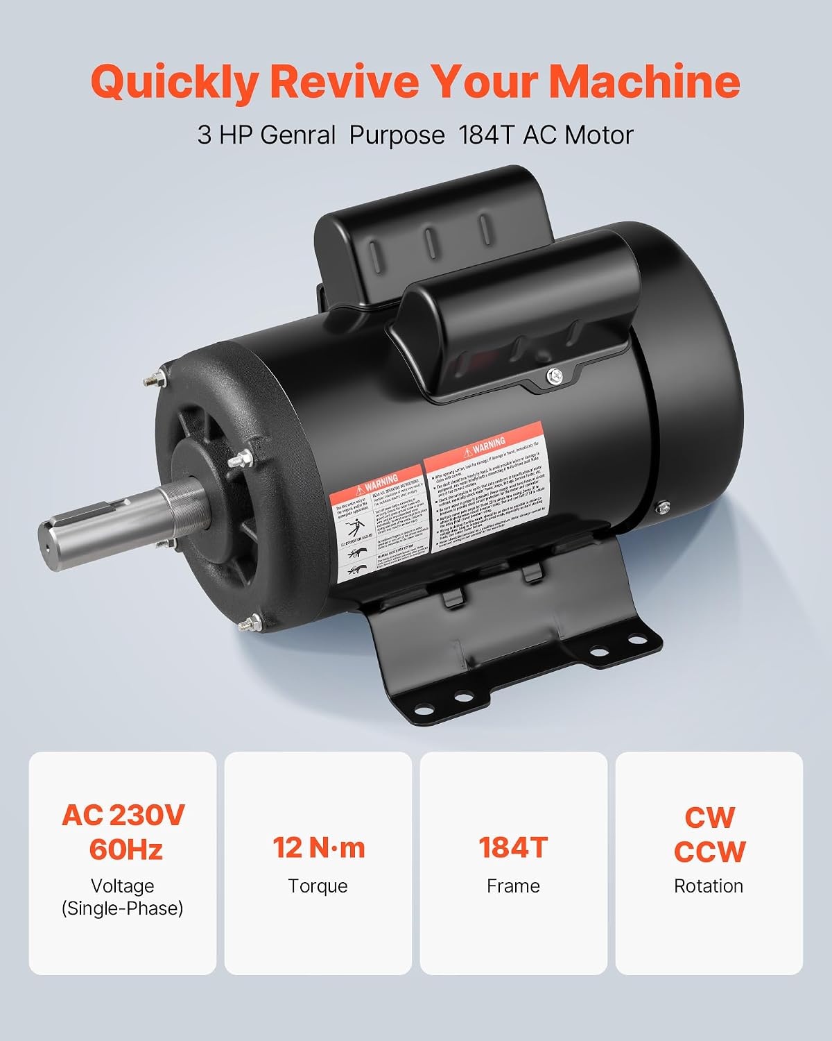 image:imageVEVOR 3 HP Electric Motor 1750RPM Air Compressor Motor CWCCW Rotation 1125 inch Shaft Diameter 275inch Shaft Length 12Nm Torque SinglePhase TEFC Cooling 230V 184T Frame1