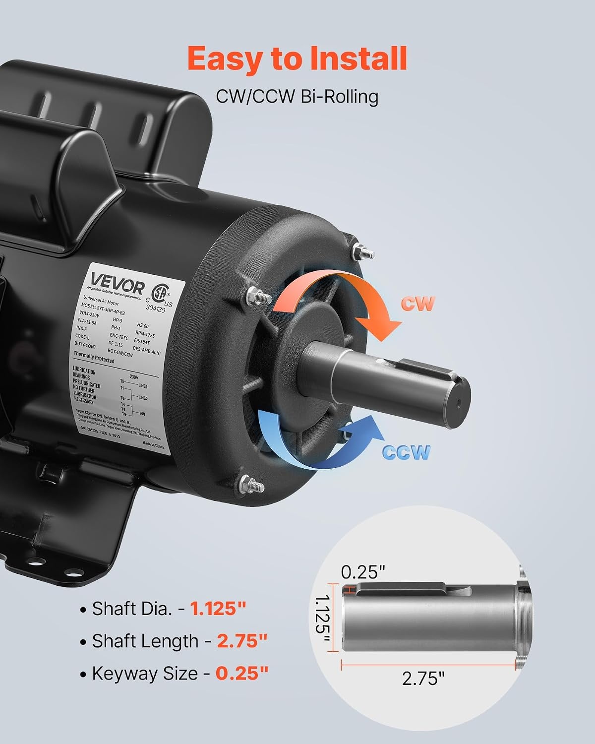 image:imageVEVOR 3 HP Electric Motor 1750RPM Air Compressor Motor CWCCW Rotation 1125 inch Shaft Diameter 275inch Shaft Length 12Nm Torque SinglePhase TEFC Cooling 230V 184T Frame1
