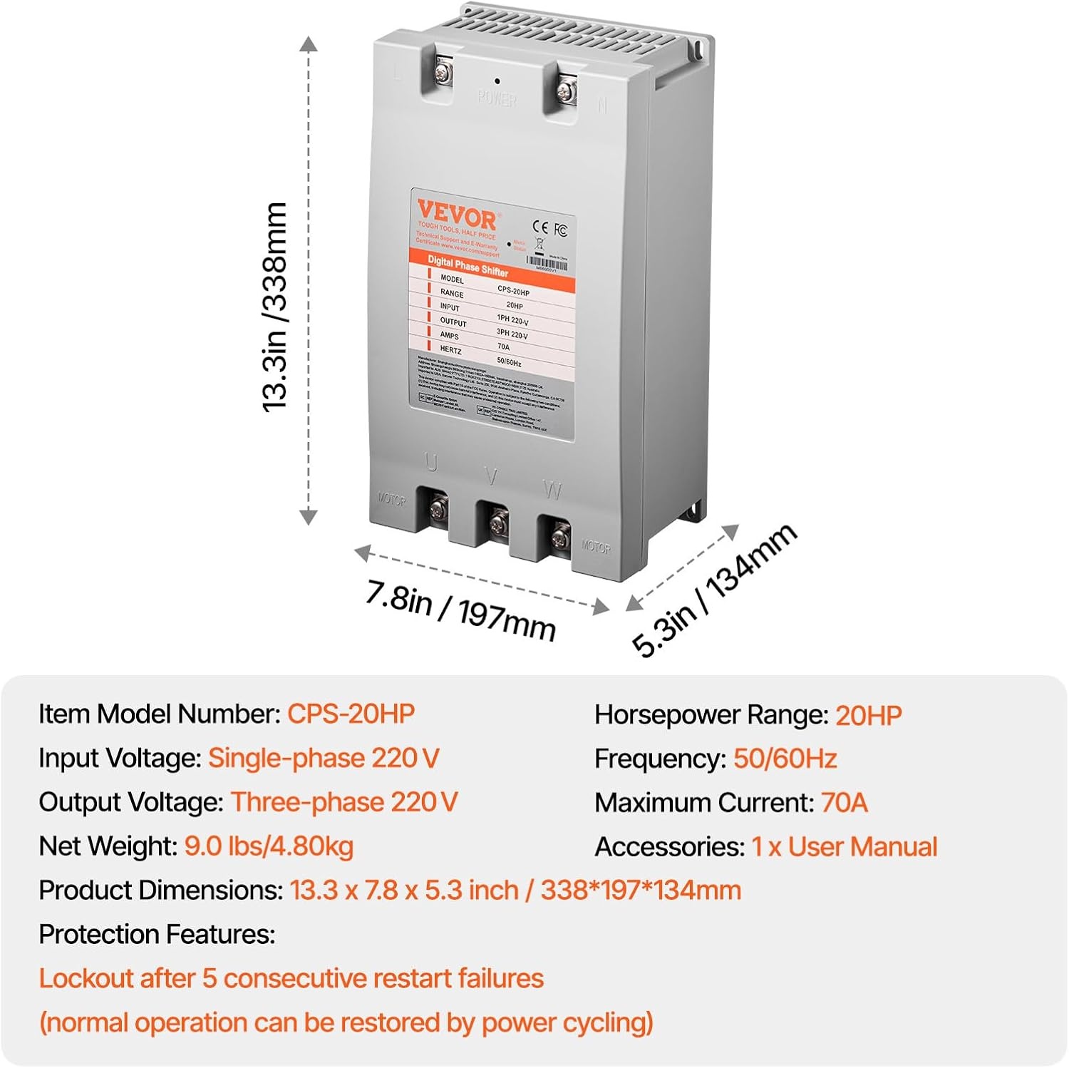 image:imageVEVOR 3 Phase Converter 75HP 23A 220V Single Phase to 3 Phase Converter 220V InputOutput Digital Phase Shifter for Residential amp Light Commercial Use One Converter for One Motor Only20HP70A