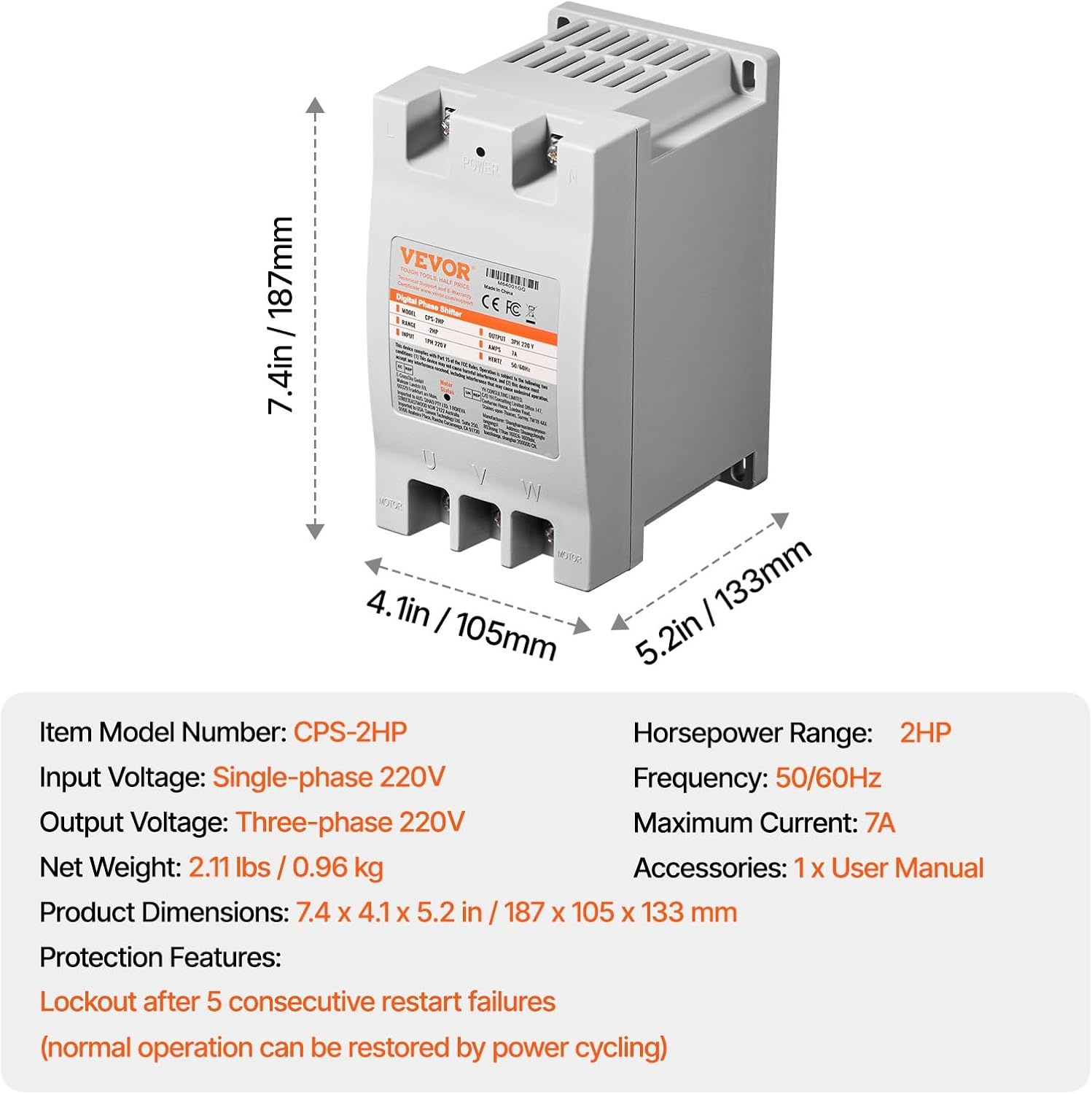 image:imageVEVOR 3 Phase Converter 75HP 23A 220V Single Phase to 3 Phase Converter 220V InputOutput Digital Phase Shifter for Residential amp Light Commercial Use One Converter for One Motor Only2HP7A