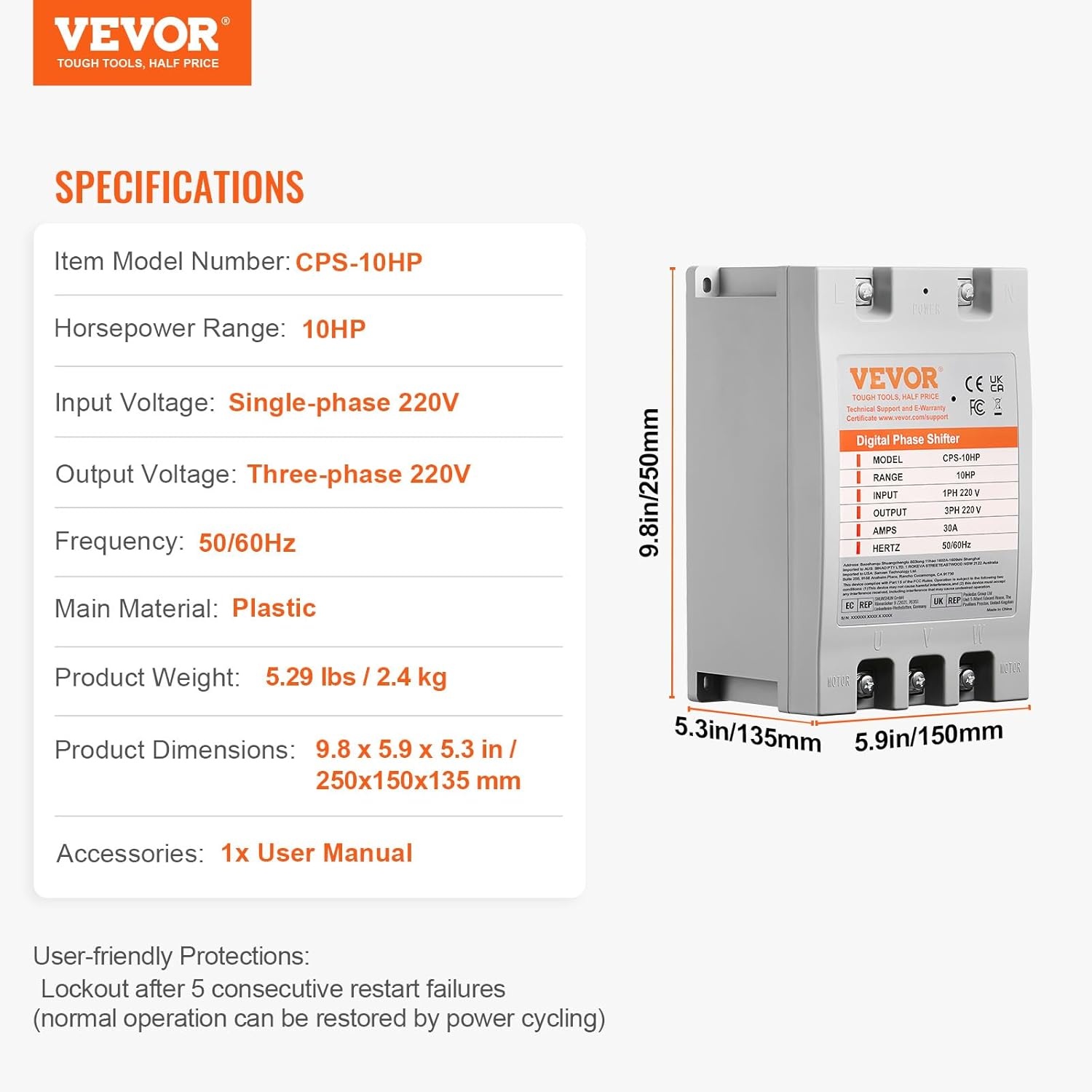image:imageVEVOR 3 Phase Converter 75HP 23A 220V Single Phase to 3 Phase Converter 220V InputOutput Digital Phase Shifter for Residential amp Light Commercial Use One Converter for One Motor Only10HP30A