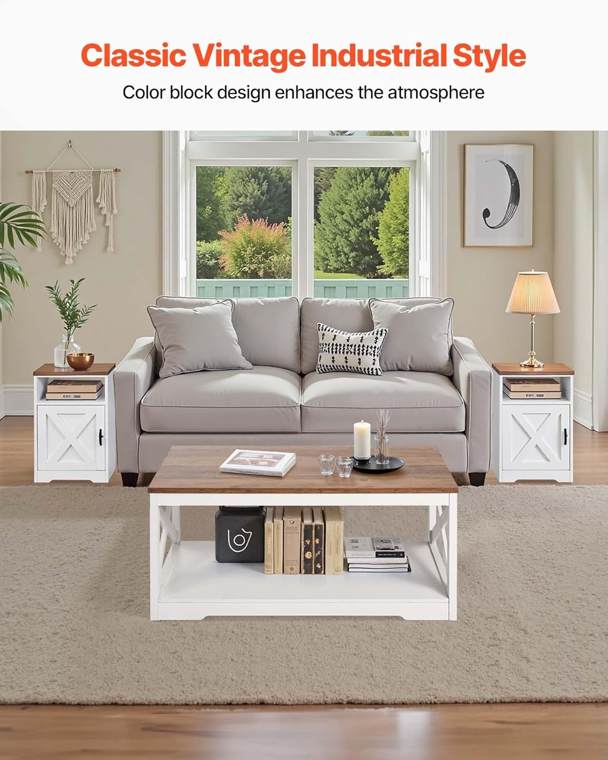 image:imageVEVOR 3 Pieces Farmhouse Coffee Table Sets 40 Inch Industrial Coffee Table with 2 End Tables Easy Assembly Coffee and Side Tables Sets with Charging Station for Office Living Room amp Apartment3 Pieces