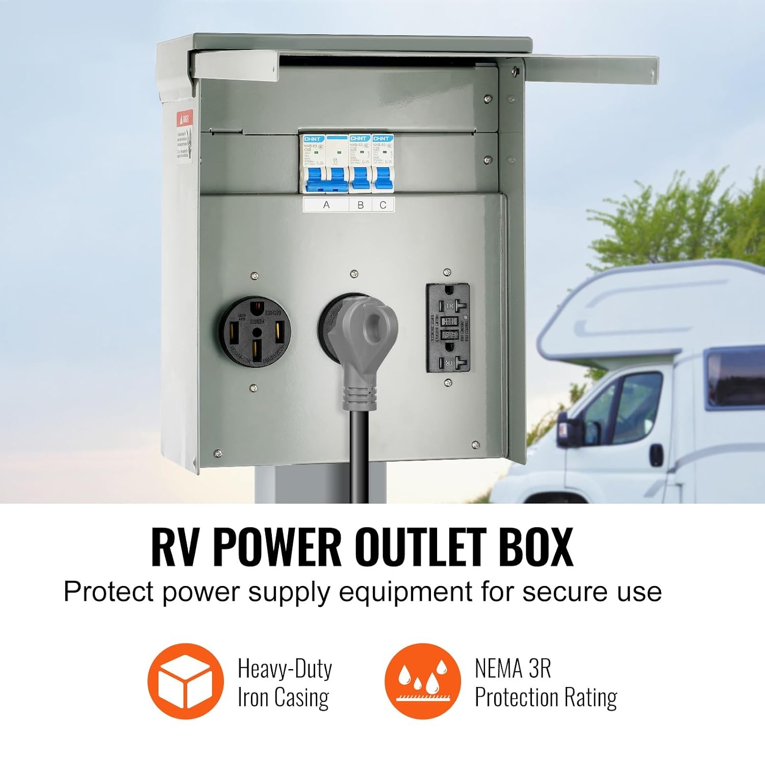 image:imageVEVOR 30 Amp RV Power Outlet Box 125250 Volt Enclosed Lockable Outdoor RV Receptacle Box NEMA TT30R Weatherproof Electrical Panel for RV Camper Trailer Motorhome Electric Car for Camper Trailer Motorhome Weatherproof Enclosed amp Lockable Power Box NEMA TT30R Easy Installation with Password Lock503020 Amp