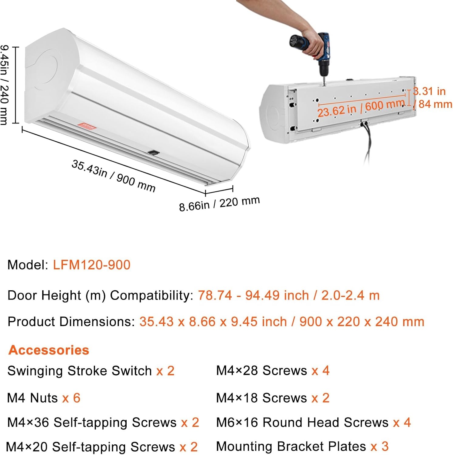 image:imageVEVOR 36 Commercial Indoor Air Curtain Super Power 2 Speeds 900CFM Wall Mounted Air Curtains for Doors Indoor Over Door Fan with Heavy Duty Limit Switch 110V NonAC Unit No Heating or CoolingWhite
