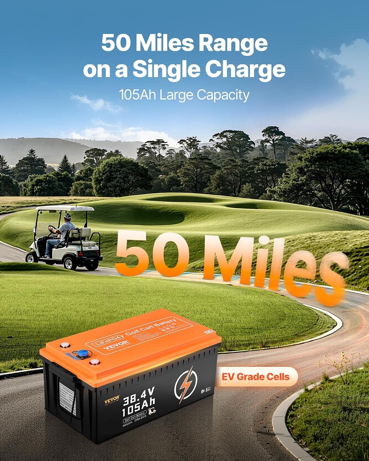 image:imageVEVOR 36V48V 105Ah Golf Cart Lithium Battery 3648 Volt Golf Cart Battery with 200A BMS LCD or Touch Monitor and Mobile APP LiFePO4 Battery with 600A Peak Current 4000 Cycles for Golf Carts36V Battery and Charger ABS Casing