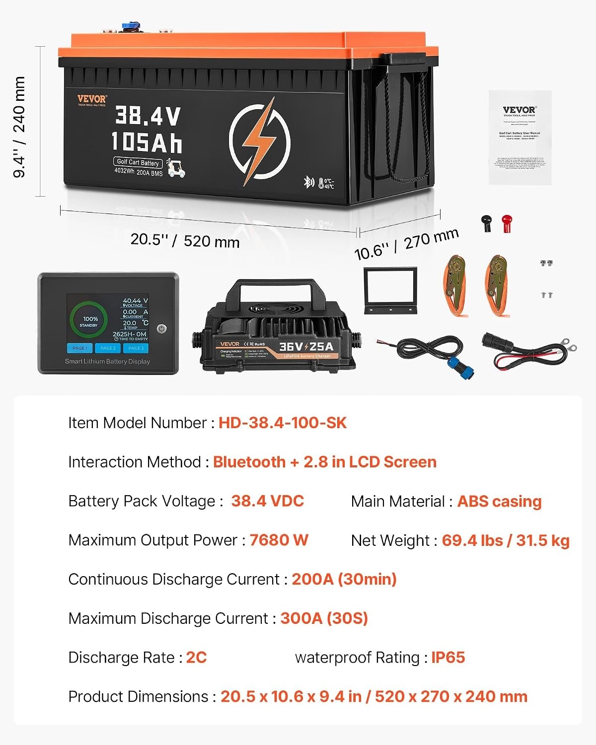 image:imageVEVOR 36V48V 105Ah Golf Cart Lithium Battery 3648 Volt Golf Cart Battery with 200A BMS LCD or Touch Monitor and Mobile APP LiFePO4 Battery with 600A Peak Current 4000 Cycles for Golf Carts36V Battery and Charger ABS Casing