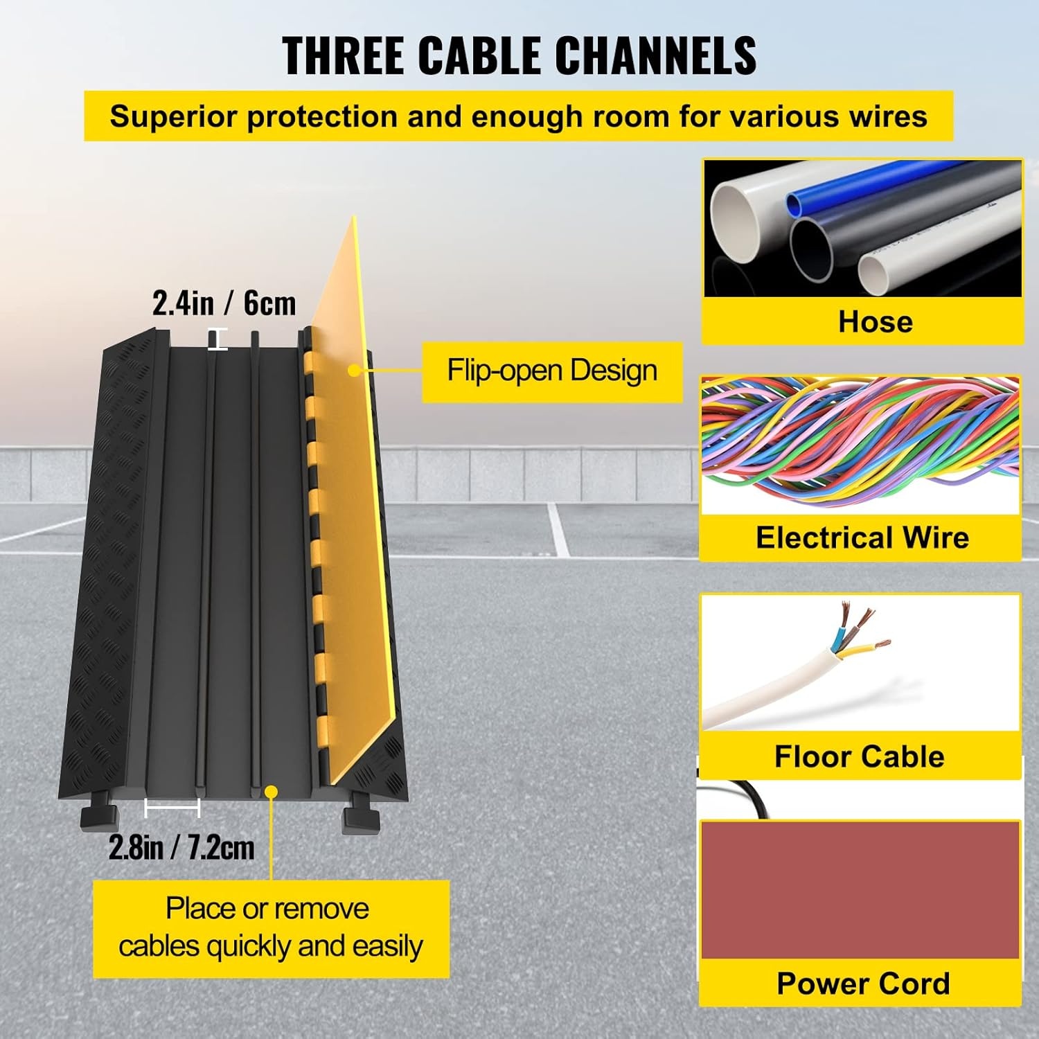image:imageVEVOR 3Channel Rubber Cable Protector Ramps Heavy Duty 44000Lbs Load Capacity Cable Wire Floor Cord Cover Ramp Speed Bump Driveway Hose Cable Ramp Protective Cover1 Pack