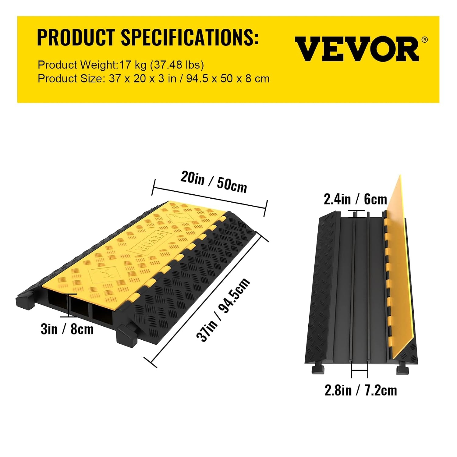 image:imageVEVOR 3Channel Rubber Cable Protector Ramps Heavy Duty 44000Lbs Load Capacity Cable Wire Floor Cord Cover Ramp Speed Bump Driveway Hose Cable Ramp Protective Cover1 Pack