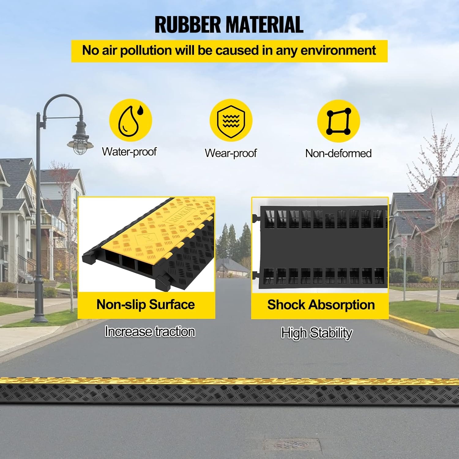 image:imageVEVOR 3Channel Rubber Cable Protector Ramps Heavy Duty 44000Lbs Load Capacity Cable Wire Floor Cord Cover Ramp Speed Bump Driveway Hose Cable Ramp Protective Cover1 Pack