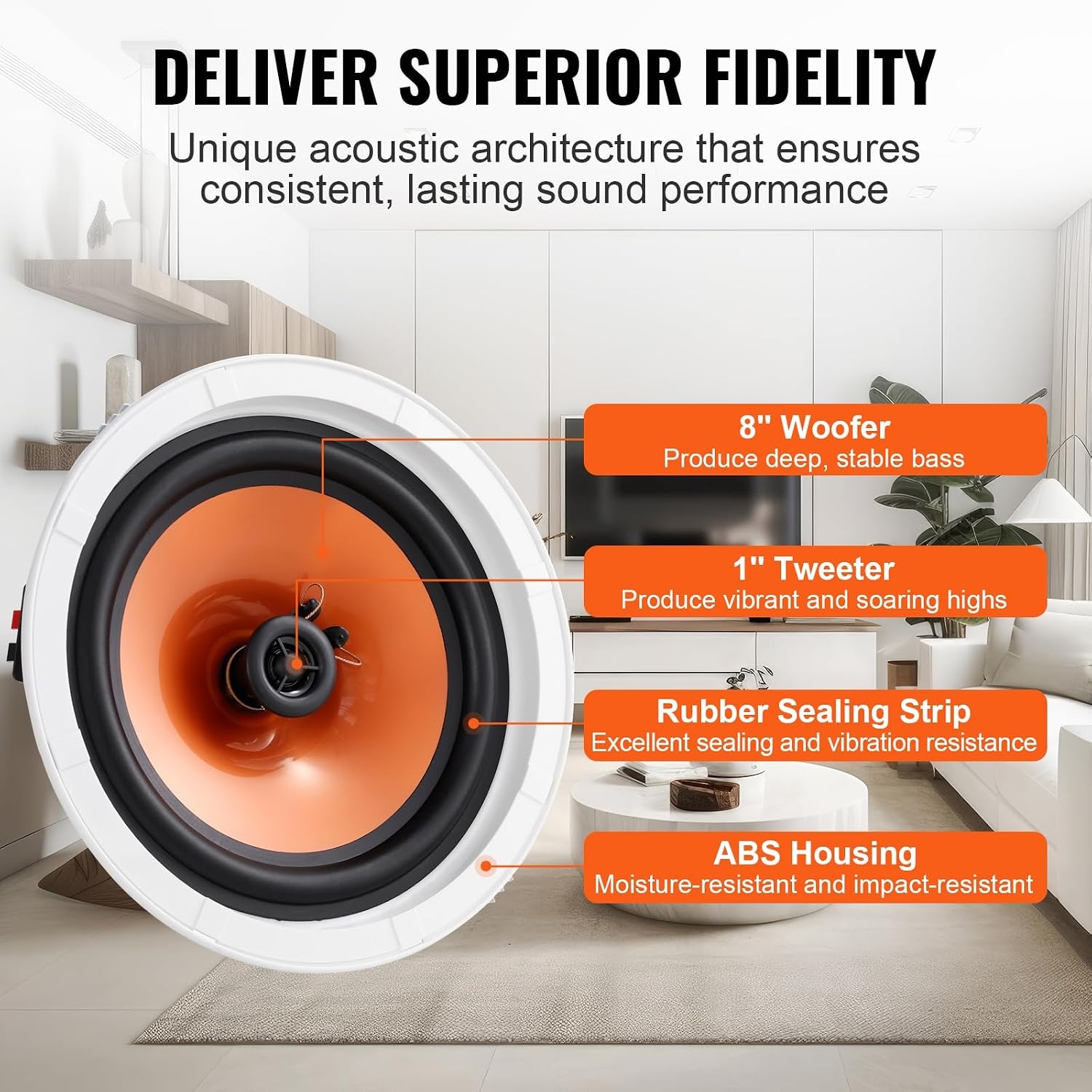 image:imageVEVOR 4 PCs 8 Inch in Ceiling Speakers 400W Flush Mount Ceiling amp inWall Speakers System with 8 Woofer1 Tweeter for Home Kitchen Living Room Bedroom or Covered Outdoor Porches100W4