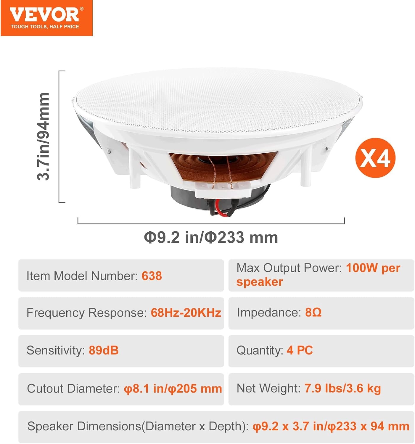 image:imageVEVOR 4 PCs 8 Inch in Ceiling Speakers 400W Flush Mount Ceiling amp inWall Speakers System with 8 Woofer1 Tweeter for Home Kitchen Living Room Bedroom or Covered Outdoor Porches100W4