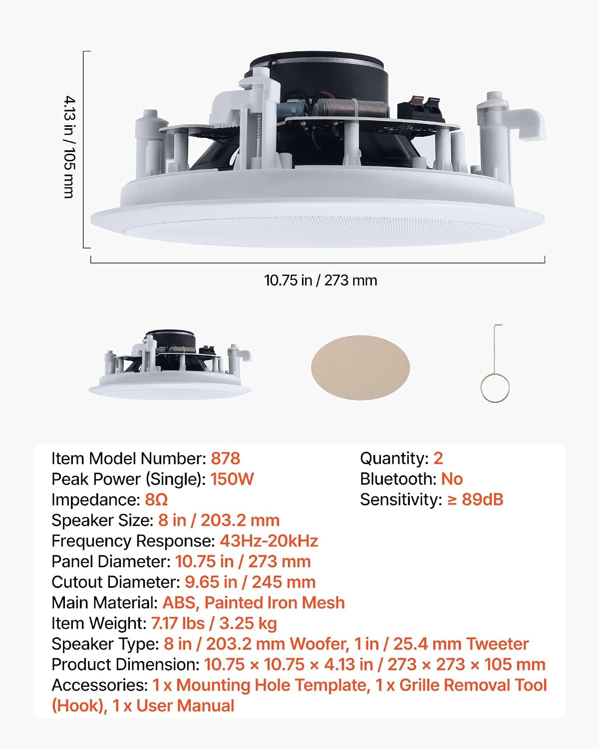 image:imageVEVOR 4 PCs 8 Inch in Ceiling Speakers 400W Flush Mount Ceiling amp inWall Speakers System with 8 Woofer1 Tweeter for Home Kitchen Living Room Bedroom or Covered Outdoor Porches150W2