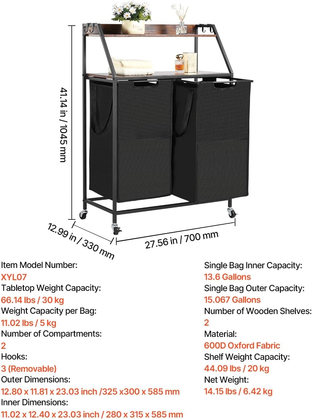 image:imageVEVOR 4 Tiers Laundry Sorter Tall Laundry Hamper with Shelves and Hooks 2 Section Freestanding Basket Organizer Storage with 600D Oxford Cloth Bags and Ladder Shelves for Dirty Clothes Bathroom2 Tiers