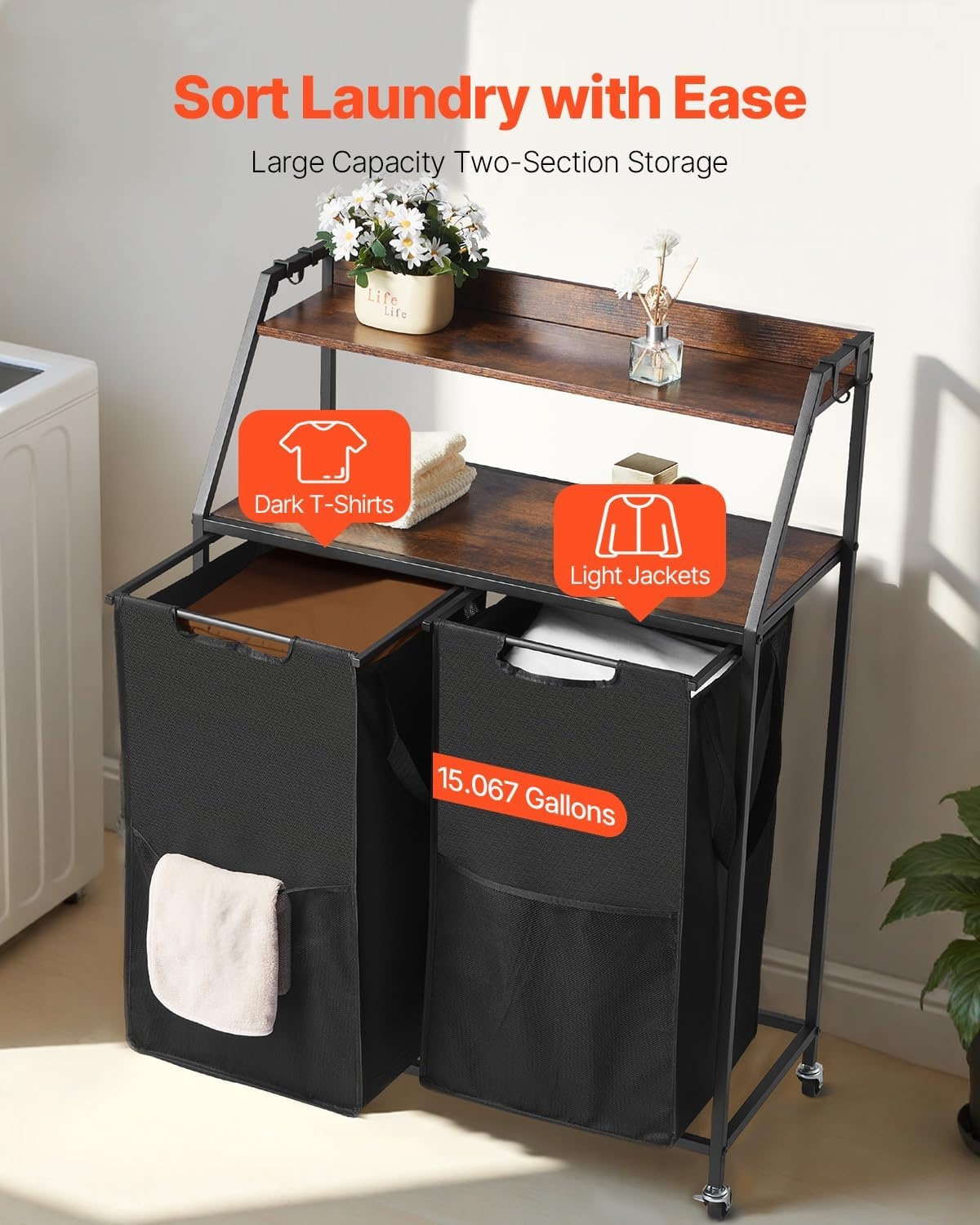 image:imageVEVOR 4 Tiers Laundry Sorter Tall Laundry Hamper with Shelves and Hooks 2 Section Freestanding Basket Organizer Storage with 600D Oxford Cloth Bags and Ladder Shelves for Dirty Clothes Bathroom2 Tiers