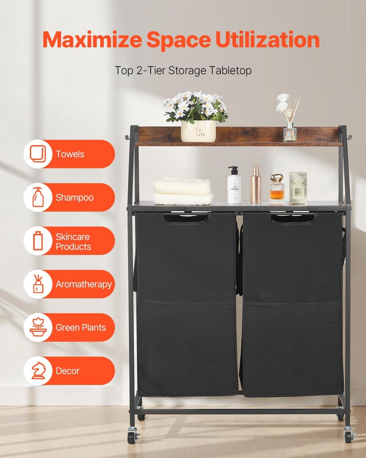 image:imageVEVOR 4 Tiers Laundry Sorter Tall Laundry Hamper with Shelves and Hooks 2 Section Freestanding Basket Organizer Storage with 600D Oxford Cloth Bags and Ladder Shelves for Dirty Clothes Bathroom2 Tiers