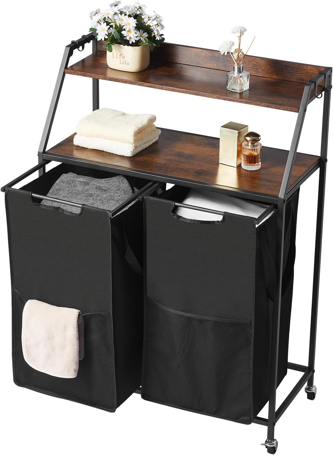 image:imageVEVOR 4 Tiers Laundry Sorter Tall Laundry Hamper with Shelves and Hooks 2 Section Freestanding Basket Organizer Storage with 600D Oxford Cloth Bags and Ladder Shelves for Dirty Clothes Bathroom2 Tiers