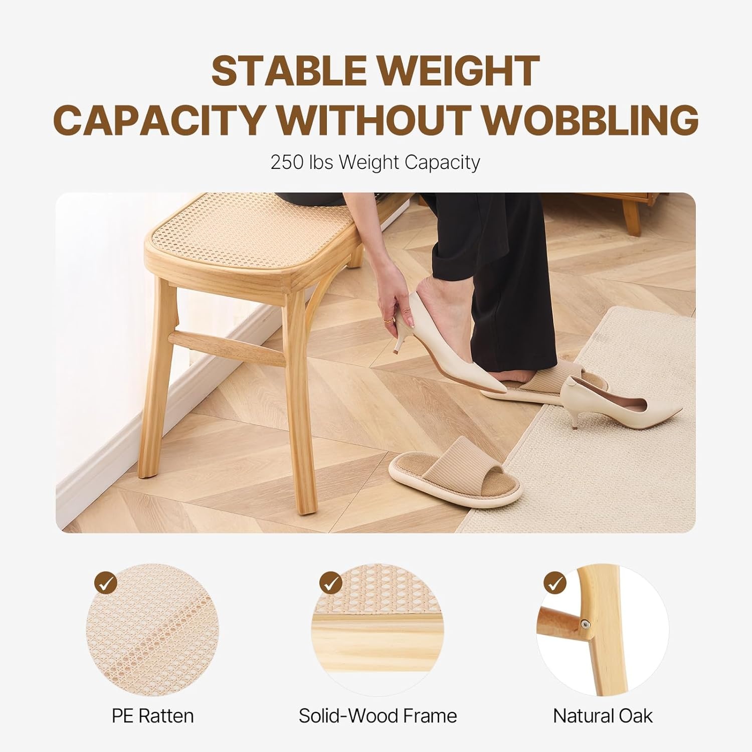 image:imageVEVOR 433 Wooden Rattan Bench Entryway Bench with Oak Wood Legs Bedroom End of Bed Boho Bench with Hand Woven Rattan for Living Room Kitchen